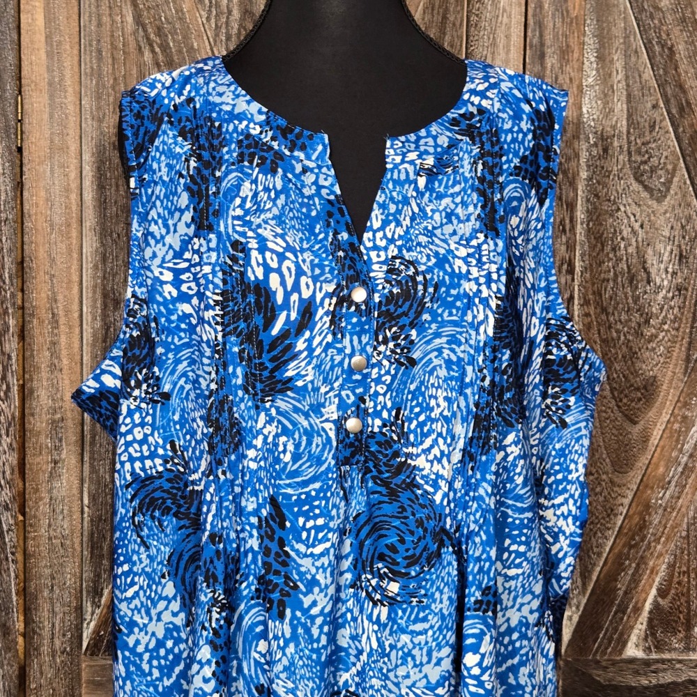 Juniper + Lime Womens 2X‎ Blue Abstract Animal Print Pintuck Sleeveless Blouse